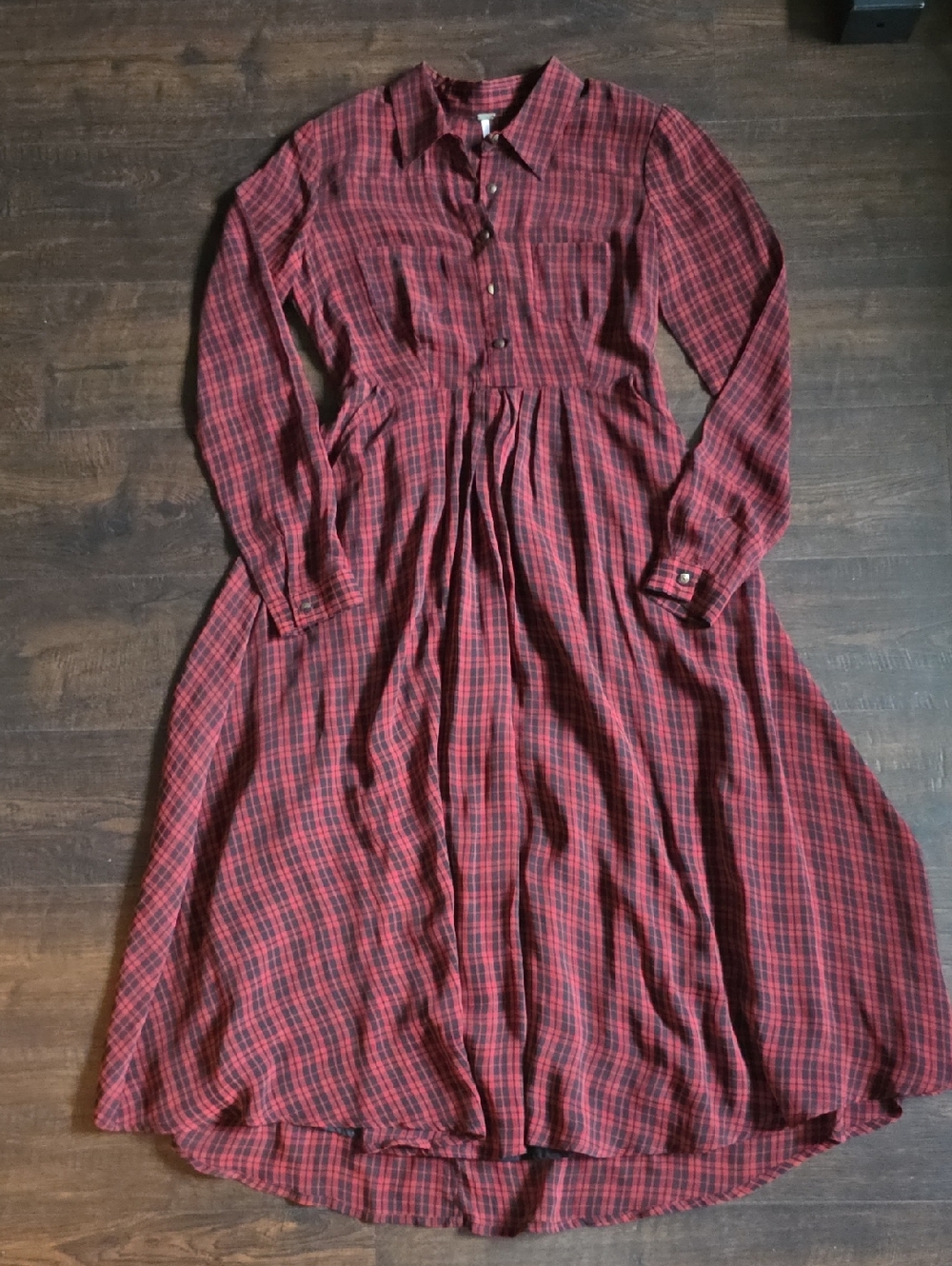 Free People Red Plaid Long-Sleeve Shirt Dress